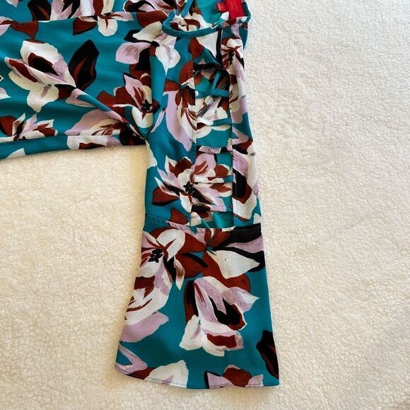 Jennifer Lopez Women's Turquoise Floral Bar Bell‎ Sleeve Peasant Top Sz M - Picture 5 of 9